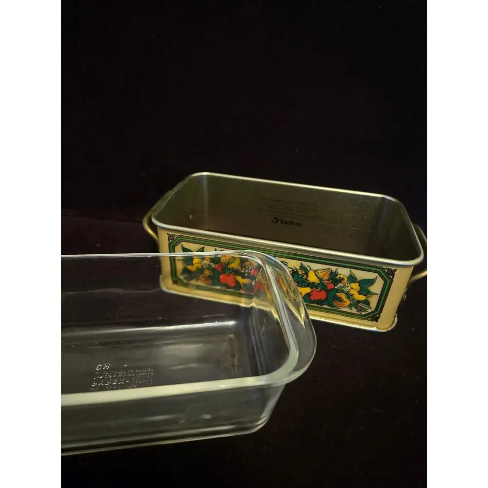 Vintage 1981 Teleflora decorative metal carrier with 1.5-quart glass loaf pan